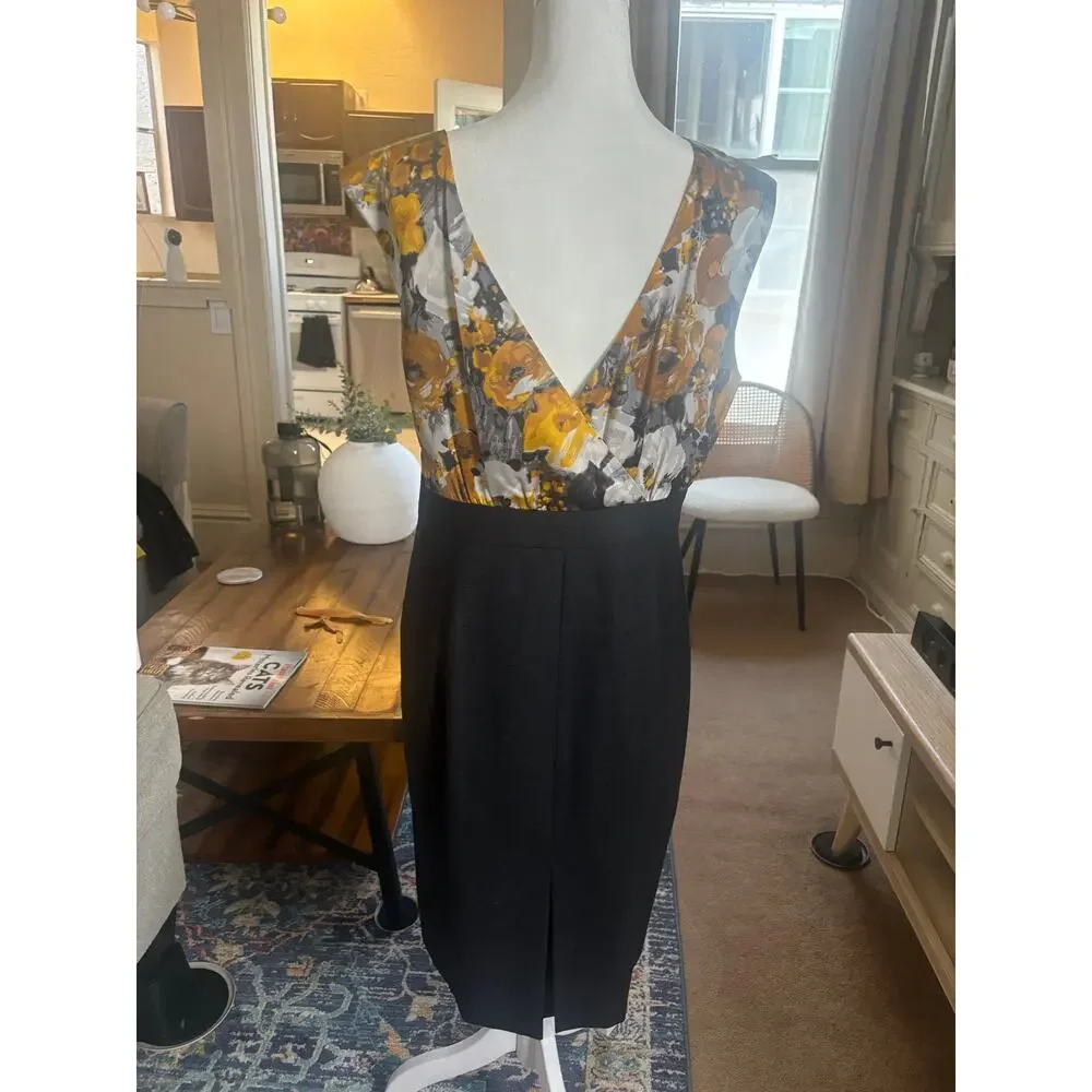 J.Crew Silk Wool Sheath Dress Size 8 Yellow Floral Print Black Skirt Sleeveless